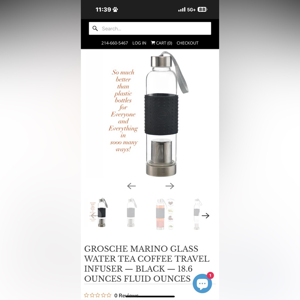 GROSCHE MARINO GLASS WATER TEA COFFEE TRAVEL INFUSER — BLACK — 18.6 OZ - Picture 6 of 13